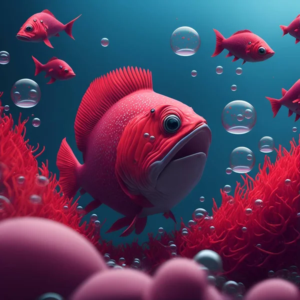Рыба Розовым Носом Красным Хвостом Окруженная Пузырями — стоковое фото