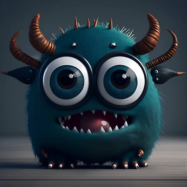 Słodki Potwór Jednym Okiem Dwoma Rogami Stylu Pixar — Zdjęcie stockowe