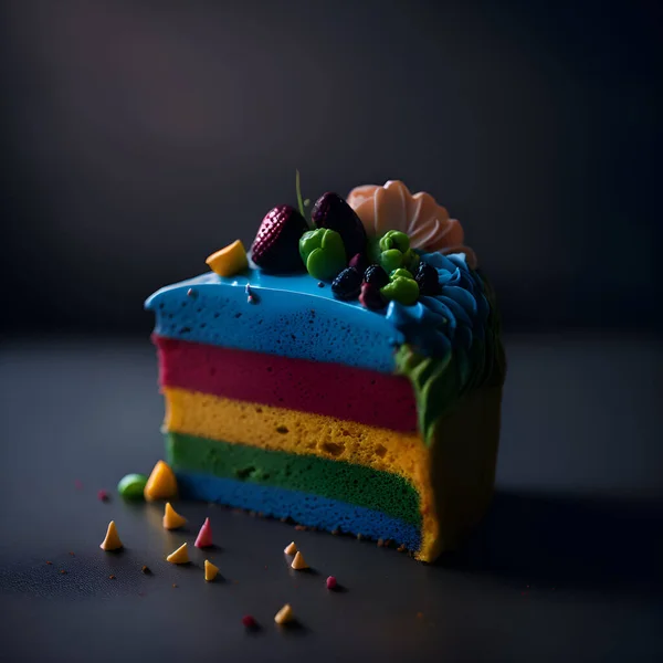 Μια Φέτα Του Rainbow Color Sponge Κέικ Επαγγελματική Διαβάθμιση Χρώματος — Φωτογραφία Αρχείου