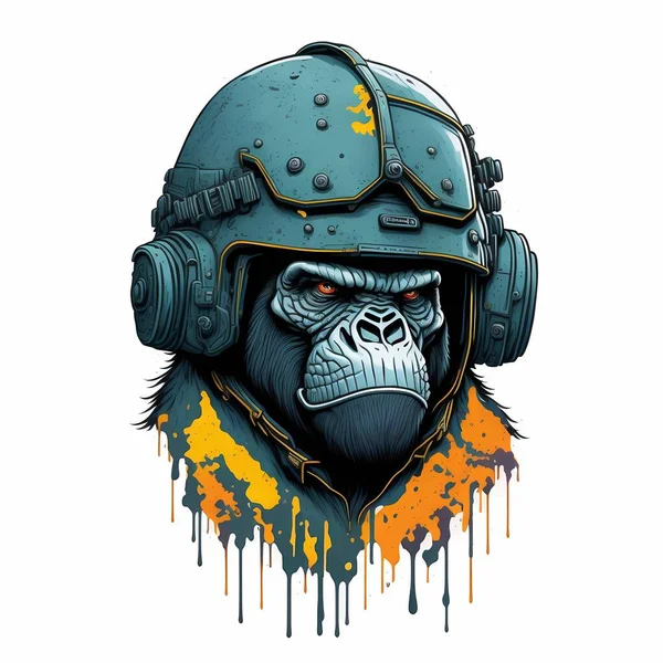 stock vector A Gorilla Wearing an Army Helmet in Artwork Style