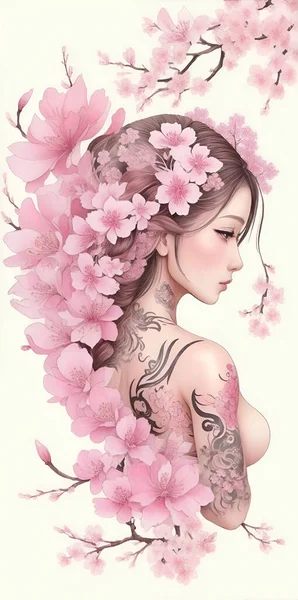 Mooie Oostelijke Sakura Tak Vrouw — Stockvector