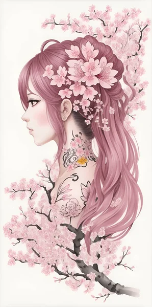 Beautiful Eastern Sakura Branch Woman — Stock Vector