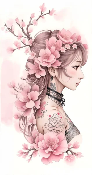Hermosa Rama Sakura Oriental Mujer — Vector de stock
