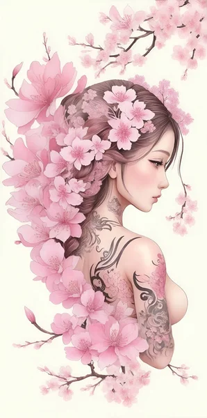Όμορφη Ανατολική Sakura Υποκατάστημα Και Γυναίκα — Διανυσματικό Αρχείο