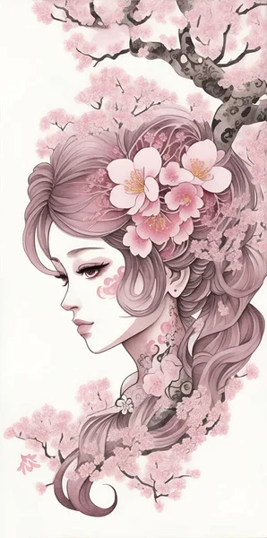 Όμορφη Ανατολική Sakura Υποκατάστημα Και Γυναίκα — Διανυσματικό Αρχείο