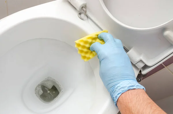 Housekeeper Washes Dirty Toilet Bowl Cleaning Agent Toilet — Stock Photo, Image