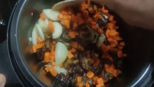 Cocinero Fríe Carne Cordero Con Cebollas Zanahorias Una Sartén Multicocción — Vídeos de Stock