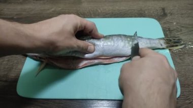 Aşçı çiğ turna balığını bıçakla kesiyor.