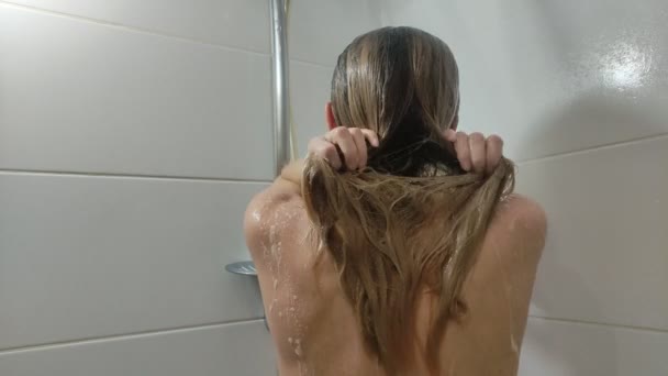 Young Beautiful Girl Washing Her Hair Shampoo Shower — Stock Video