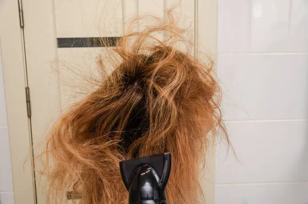 Young Woman Drying Her Hair Hairdryer — Stock Photo, Image