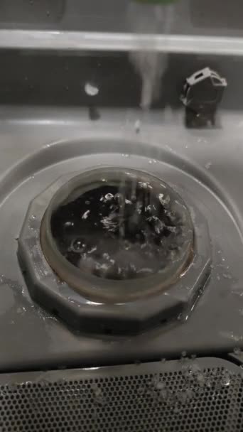 Κάθετο Βίντεο Οικονόμος Ρίχνει Αλάτι Πλυντήριο Πιάτων Στην Τρύπα Του — Αρχείο Βίντεο