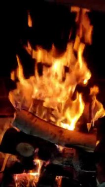 Dikey video. Odun şöminede ateşle yanıyor.
