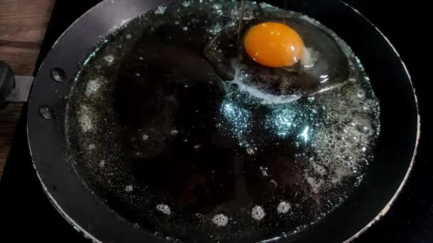 Cocinero Fríe Los Huevos Una Sartén Caliente — Vídeo de stock
