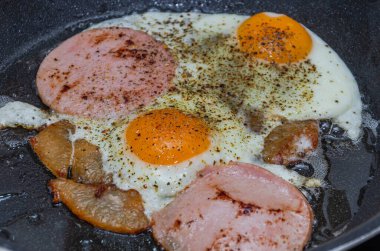 Kızarmış tavada sosisli yumurta.