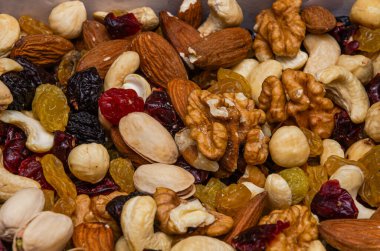 Assorted different nuts and raisins