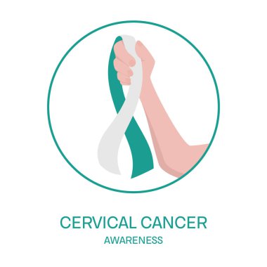 Cervical cancer awareness poster. Teal and white ribbon in a hand on white background. Female reproductive system disease prevention. Medical concept. Vector illustration.