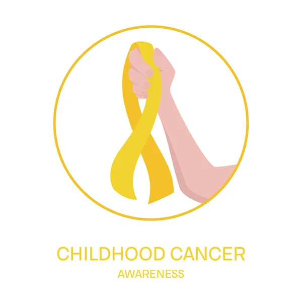 stock vector Childhood cancer awareness symbol. Hand holding a gold yellow ribbon. Cancer in children prevention. Medical vector illustration.