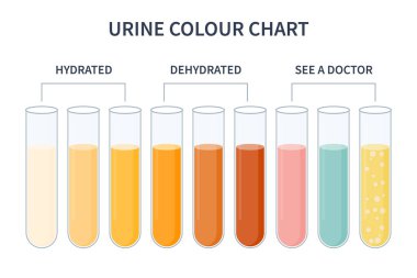 Urine colour chart. Hydration and dehydration level diagram. Medical urinal test kit for urinary tract infection research. Containers with yellow to brown pee for urinalysis. Vector illustration.