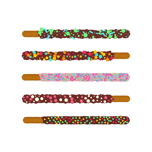 Bâtonnets Biscuits Chocolat Assortis Trempés Dans Des Saupoudres Bonbons Éclatants — Image vectorielle