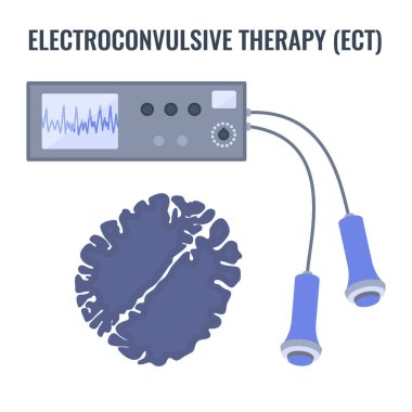Electroconvulsive therapy for severe depression and schizophrenia treatment. ECT electrodes placement. Brain stimulation equipment for bipolar and major depressive disorders. Vector illustration. clipart