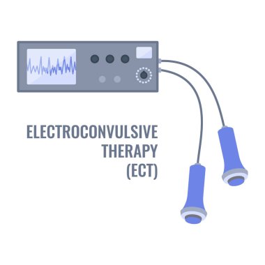Şiddetli depresyon ve şizofreni tedavisi için elektrokonvülsif tedavi. Elektrotlar yerleştirildi. Manik depresif ve büyük depresif bozukluklar için beyin uyarma ekipmanları. Vektör illüstrasyonu.