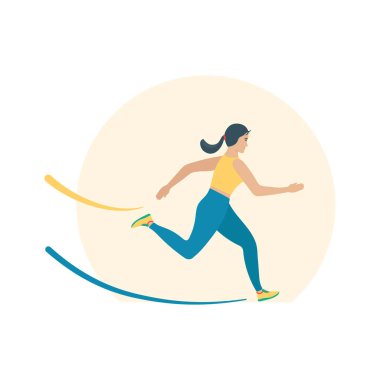 Maraton koşan bir bayan atlet. Spor giyim bölümünde koşan kadın. Spor ve spor tasarımı düz stil. Yarışmada aceleci iş kadını. Vektör illüstrasyonu.