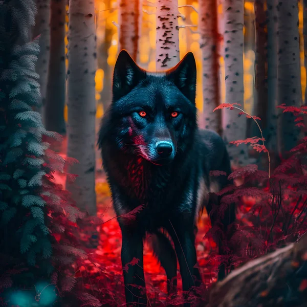 Czarny Wilk Czerwonymi Oczami Czerwoną Aurą Tętniącym Życiem Lesie — Zdjęcie stockowe