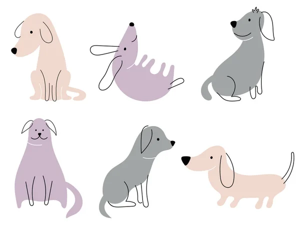 Collection Flat Color Cartoon Dogs Puppies Different Poses Vector Cute — Stock Vector