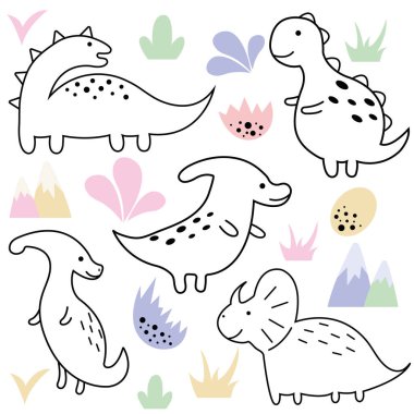 Şirin dinozorlar ve tropikal bitkiler. Komik karikatür dino koleksiyonu. Çocuklar için el çizimi vektör seti. Dinozorlarla şirin bir vektör oluşturuldu. Dinozorlu şirin kart..
