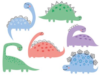 Şirin dinozorlar, yapraklar, kaktüsler. Çocuklar için vektör illüstrasyonu, bebek odası, poster, kart, doğum günü partisi. Komik karikatür dino koleksiyonu. Dinozorlarla sevimli vektör seti.