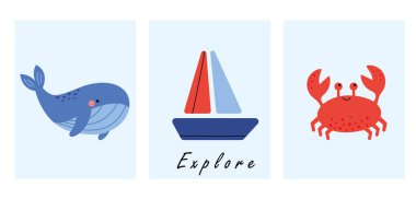 Su altındaki sevimli çizgi film dünyası. Balina, yengeç, yelkenli gemi. Çizgi film bohem çocuk posteri. Çocukların yatak odasındaki duvar dekoru için boho vektör izi. Vektör illüstrasyonu