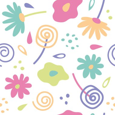 Çiçeksel, pürüzsüz desen. Elle çizilmiş çiçekli vektör deseni. Renkli karalama çiçek elementleriyle donatılmış bir arka plan. Art Nouveau, botanik.