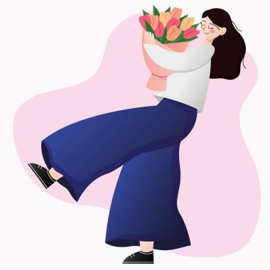 Çiçekli tatlı kız. Elinde bir buket çiçek olan bir kızın vektör çizimi. 8 Mart için kartpostal. Kadınlar günü için illüstrasyon. Kadınların tatil illüstrasyonu. Kadınlar Günü