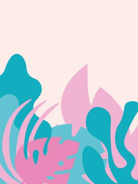 Afişler, posterler ve tebrik kartları için tropikal yaprakları, bitkileri ve çiçekleri olan bir arka plan. Vektör çizimi. Yapraklarla dolu bir yaz. bahar parlak arkaplan.