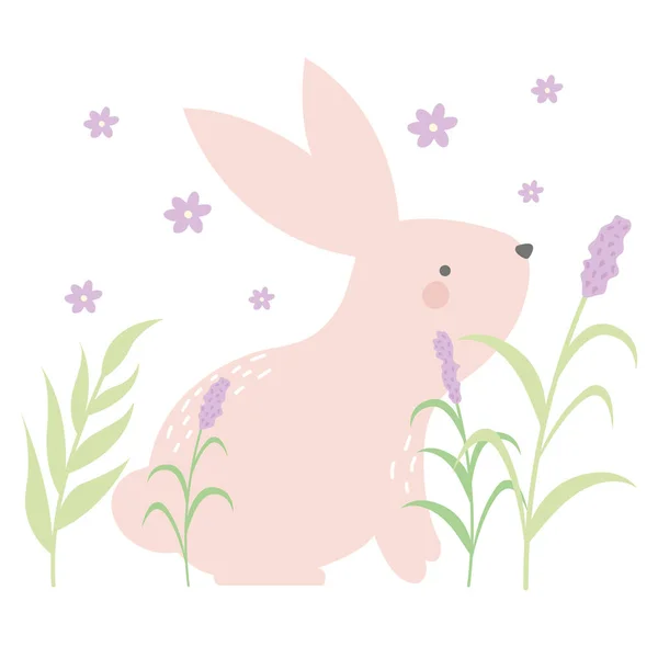 Симпатичный Нарисованный Вручную Весенний Кролик Цветами Симпатичный Красивый Кролик Счастливого — стоковый вектор