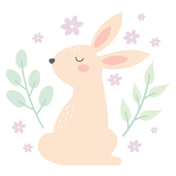 Cute Hand Drawn Spring Bunny Flowers Cute Beautiful Rabbit Happy — Stock Vector