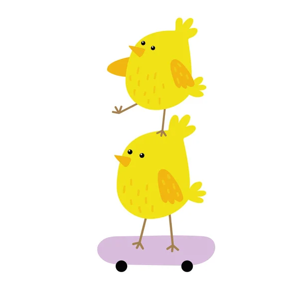 可爱的复活节小鸡在滑板上 可爱的黄色小鸡的矢量插图 黄色小鸡手绘图案 有趣可爱的复活节小鸡 — 图库矢量图片