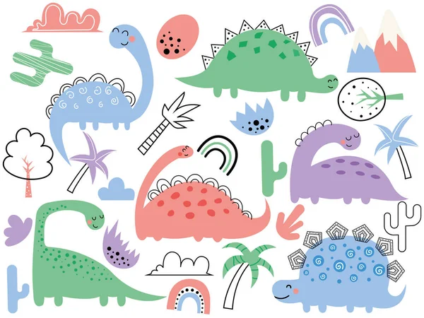 Şirin dinozorlar, yapraklar, kaktüsler. Çocuklar için vektör illüstrasyonu, bebek odası, poster, kart, doğum günü partisi. Komik karikatür dino koleksiyonu. Dinozorlarla sevimli vektör seti.