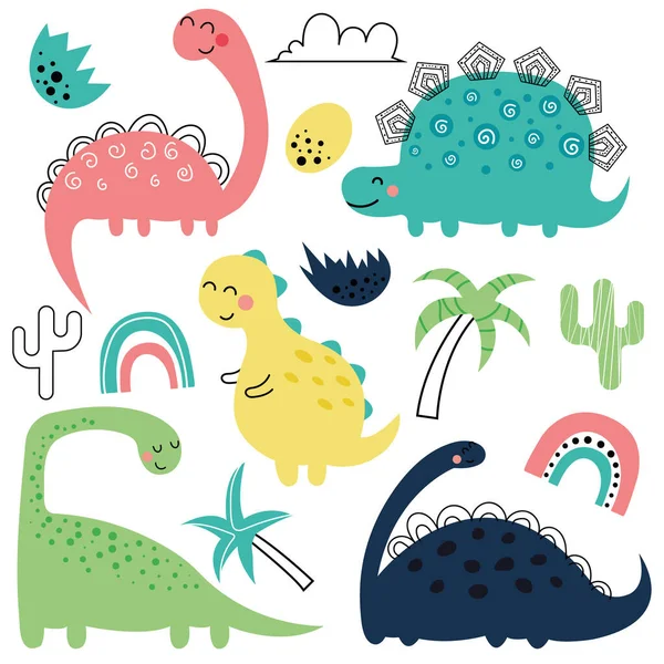 stock vector Set of cute dinosaurs, foliage, cactus. Vector illustration for kids, nursery, poster, card, birthday party. Funny cartoon dino collection. Cute vector set with dinosaurs.