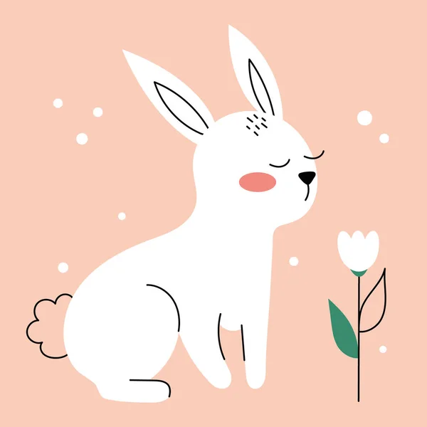 Векторна Ілюстрація Білим Кроликом Квіткою Рожевому Тлі Шаблон Вітальних Листівок — стоковий вектор