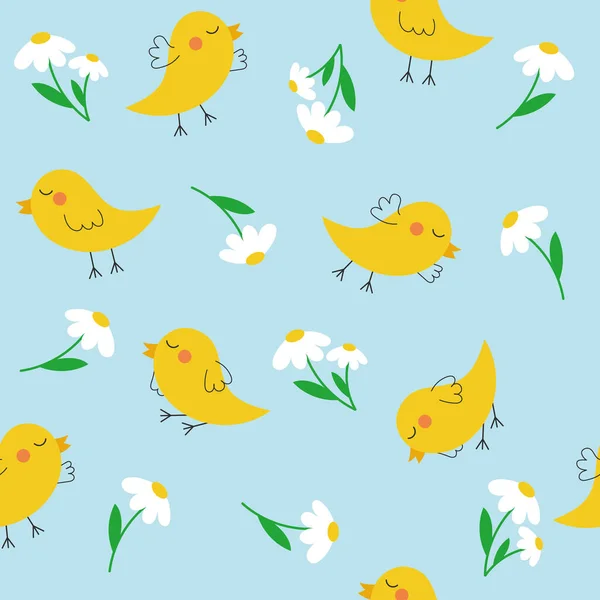 シームレスなパターンかわいい面白い黄色のイースターチキン グリーティングカード 招待状 包装紙 休日のデザインのための手描きイラスト 鶏や花の模様 — ストックベクタ