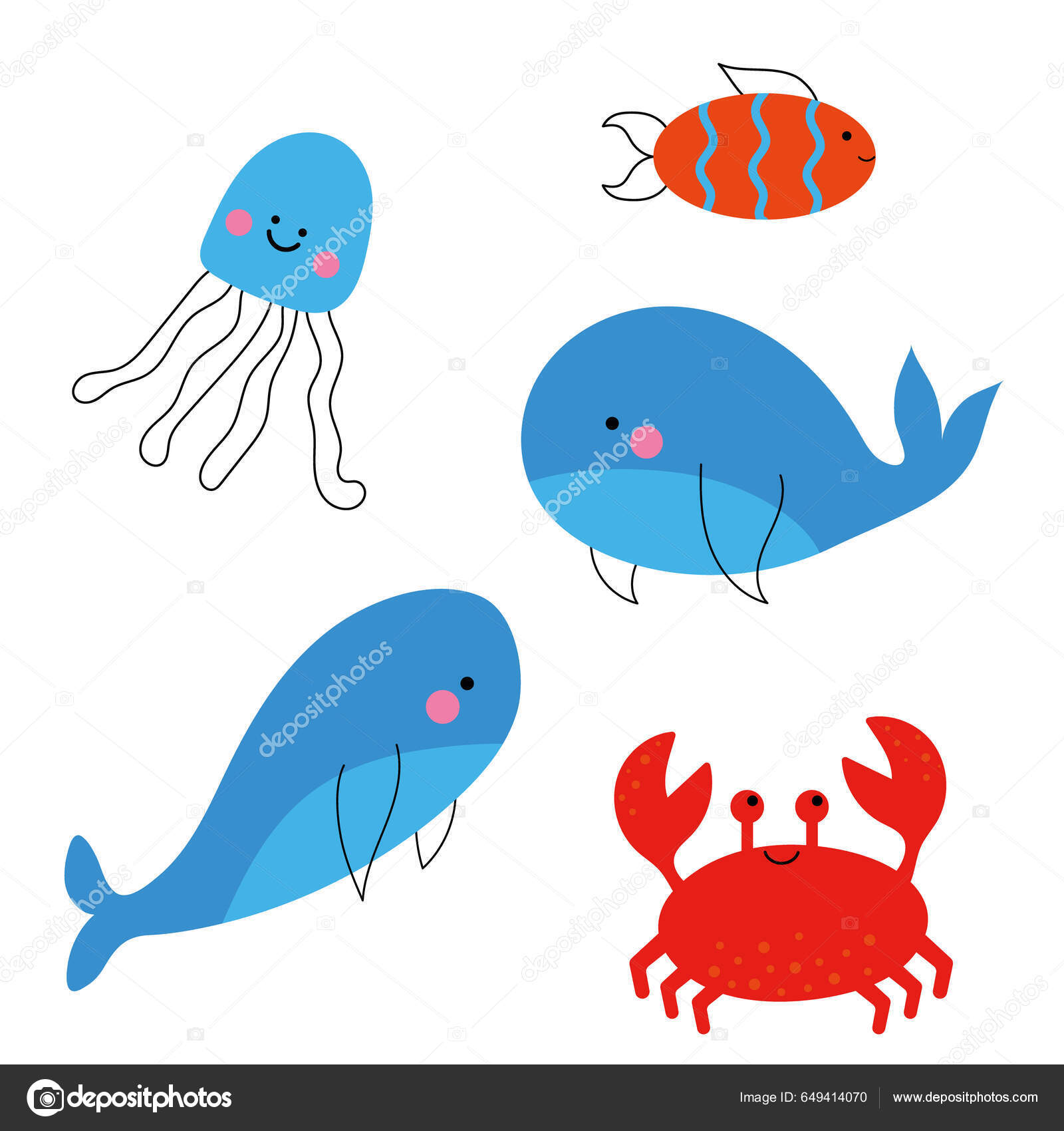 아이들의 디자인에 귀여운 동물들 만화용 해파리 물고기 어린이들의 스톡 벡터 - ©vladakryvopust@gmail.com  649414070, image size:1600x1700