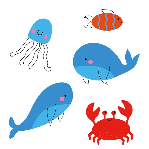 Vector Illustration Children Design Cute Sea Animals Cartoon Whale Jellyfish — Stock Vector