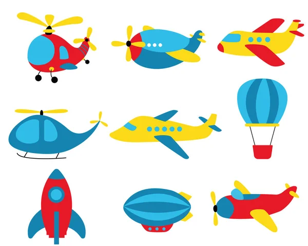 Cartoon Luchtvervoer Vectorvliegtuigen Vliegtuigen Helikopters Luchtschepen Raketten Vliegtuigen Kinderen Speelgoed — Stockvector