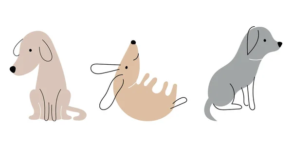 可爱的狗 涂鸦向量集 卡通狗或小狗的角色设计集合 色彩扁平 姿势各异 白色背景下孤立的一组有趣的宠物动物 — 图库矢量图片