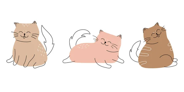 可爱有趣的猫 涂鸦向量集 卡通猫或小猫的角色设计集 色彩扁平 姿势各异 一套白色背景的纯种宠物动物 — 图库矢量图片