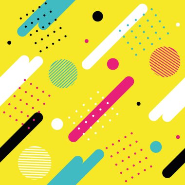 Hipster Moda Memphis Style Geometrik Deseni. Çizgiler, Çemberler ve Kareler ile Soyut Kusursuz Desen. Vektör illüstrasyonu.