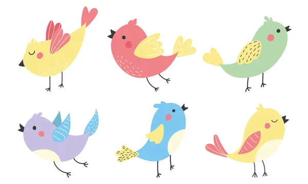 Ein Satz Leuchtend Farbenfroher Vögel Mit Frühlingsblumen Illustrationen Für Vorlagen — Stockvektor