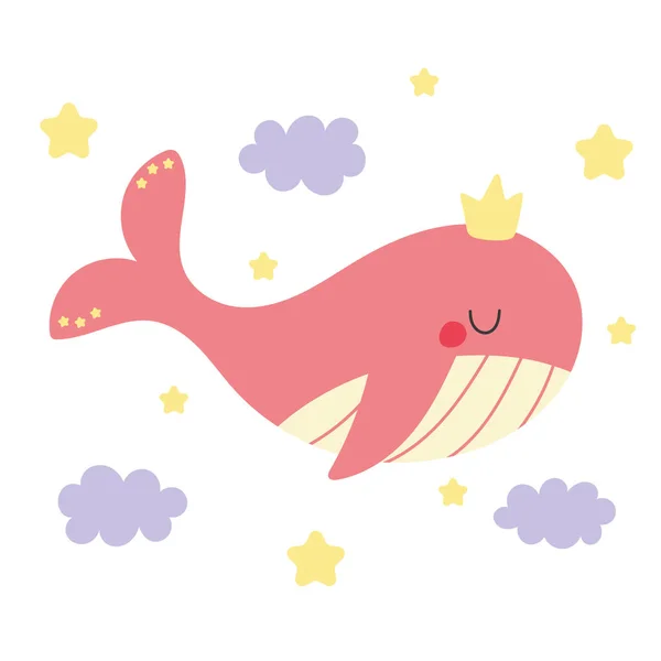 아이들은 분홍색으로 꿈꾸는 귀여운 고래를 그리는 만화를 그리고 있습니다 공주님 — 스톡 벡터