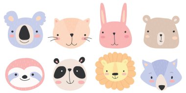 Cute animal faces. Hand drawn character. Vector illustration. Cat, bear, lion, panda, sloth, koala, bunny, wolf. clipart